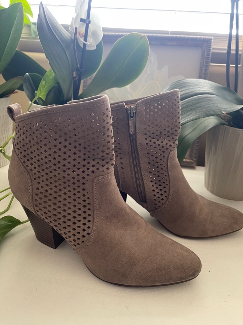 Indigo Rein Taupe Suede Perforated Ankle Booties unique shoes!!!